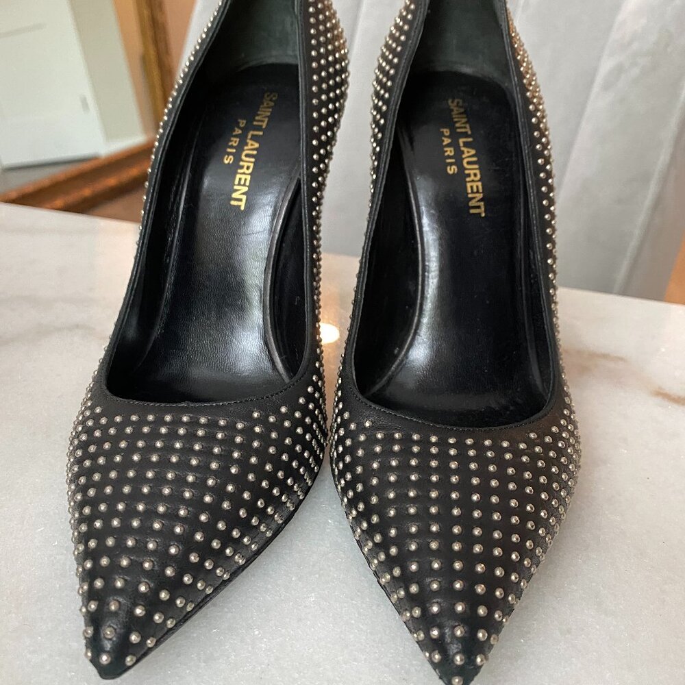 Sant Laurent Paris YSL black leather studded pump stiletto sz 37 (7)